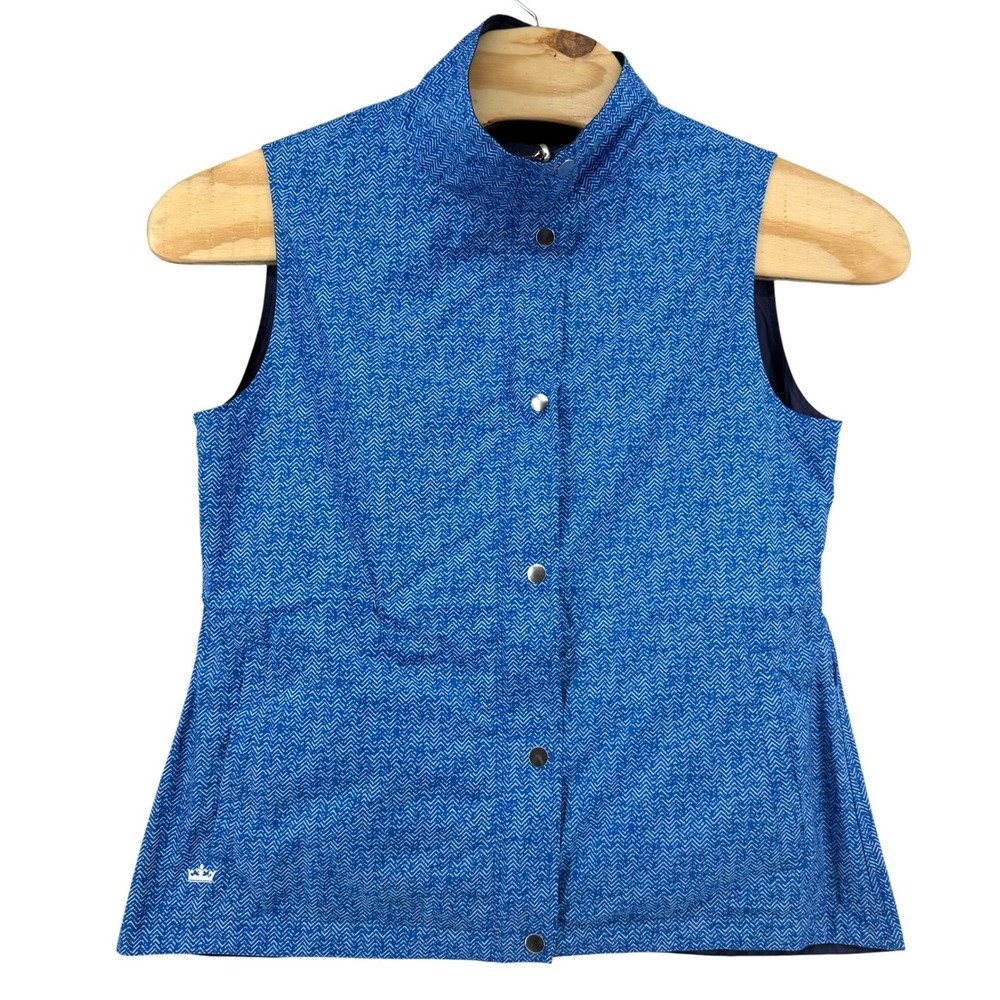 Peter Millar Womens Reversible Vest Navy Blue Herringbone Full‎ Zip Snap Large